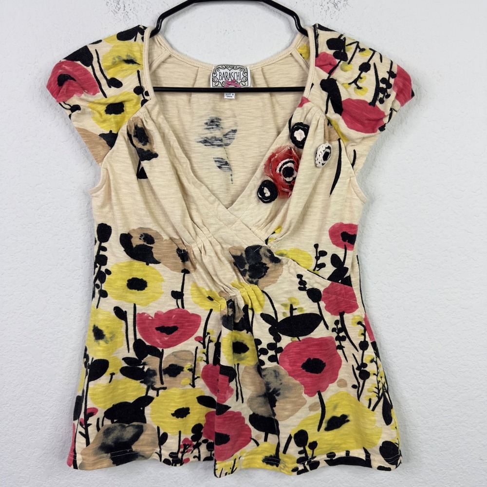 Baraschi Shirt Womens L‎ Colorful Floral Artsy Boho Indie Cottagecore Coquette